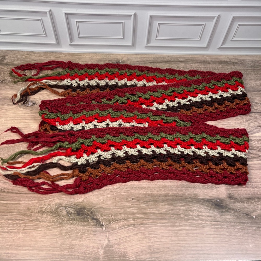Handmade Crochet Scarf Unisex Multicolor Boho Striped Fringe Knit One Size